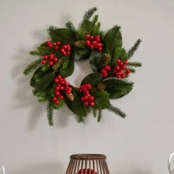 19" Magnolia Leaf, Berry & Pine Artificial Wreath -Michaels Store D292928S 13
