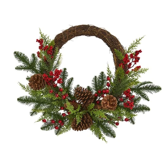22" Mixed Pine With Berries & Pinecones Wreath 1 22" Mixed Pine With Berries & Pinecones Wreath