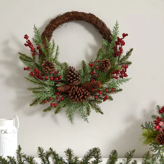 22" Mixed Pine With Berries & Pinecones Wreath 5 22" Mixed Pine With Berries & Pinecones Wreath - Image 5