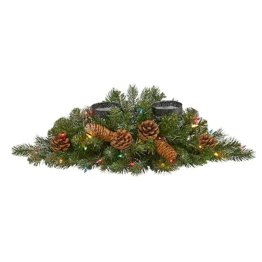 24" Pre-Lit Flocked & Glittered Pine & Pinecones Double Candelabrum 2 24" Pre-Lit Flocked & Glittered Pine & Pinecones Double Candelabrum - Image 2