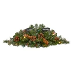 24" Pre-Lit Flocked & Glittered Pine & Pinecones Double Candelabrum