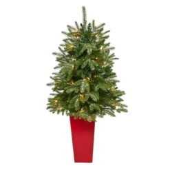 3.5ft. Pre-Lit Snowed Grand Teton Fir Christmas Tree In Red Planter