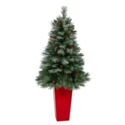 55" Unlit Snowed French Alps Mountain Pine Artificial Christmas Tree In Red Tower Planter