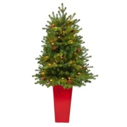3.5ft. Pre-Lit Yukon Mountain Fir Artificial Christmas Tree In Red Planter, Clear Lights