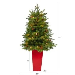 3.5ft. Pre-Lit Yukon Mountain Fir Artificial Christmas Tree In Red Planter, Clear Lights 11 3.5ft. Pre-Lit Yukon Mountain Fir Artificial Christmas Tree In Red Planter, Clear Lights -Michaels Store D322642S 2