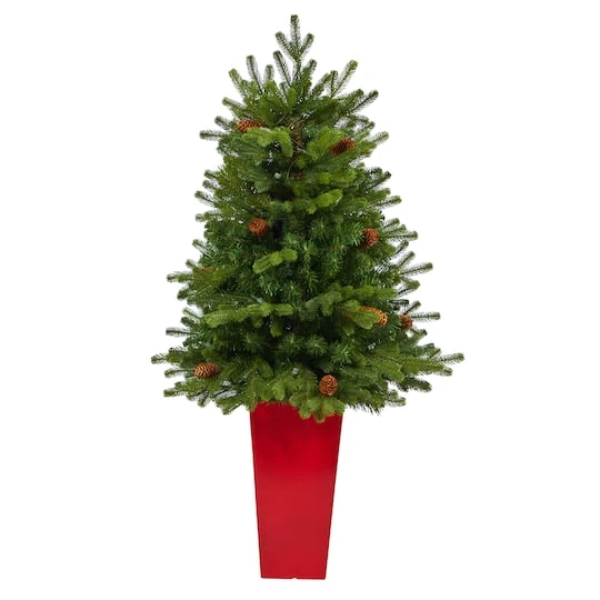 3.5ft. Pre-Lit Yukon Mountain Fir Artificial Christmas Tree In Red Planter, Clear Lights 4 3.5ft. Pre-Lit Yukon Mountain Fir Artificial Christmas Tree In Red Planter, Clear Lights - Image 4