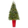 5ft. Pre-Lit Snow Tipped Portland Spruce Artificial Christmas Treein Red Tower Planter, Clear LED Lights