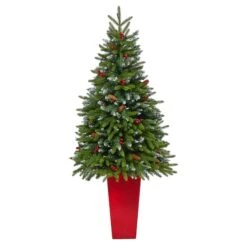 5ft. Pre-Lit Snow Tipped Portland Spruce Artificial Christmas Treein Red Tower Planter, Clear LED Lights -Michaels Store D322686S 3