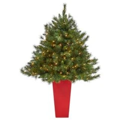 4.5ft. Pre-Lit Wyoming Mixed Pine Artificial Christmas Tree In Red Tower Planter, Clear Lights