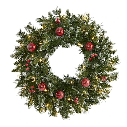 24" White LED Frosted Christmas Wreath With Ornaments & Berries 1 24" White LED Frosted Christmas Wreath With Ornaments & Berries