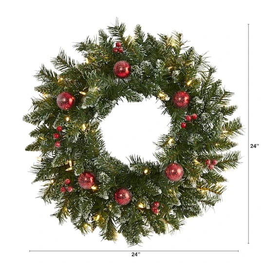 24" White LED Frosted Christmas Wreath With Ornaments & Berries 3 24" White LED Frosted Christmas Wreath With Ornaments & Berries - Image 3