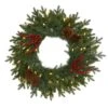24" LED Green Pine Christmas Wreath With Berries & Pinecones