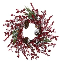 24" Frosted Cypress Wreath With Berries & Pinecones