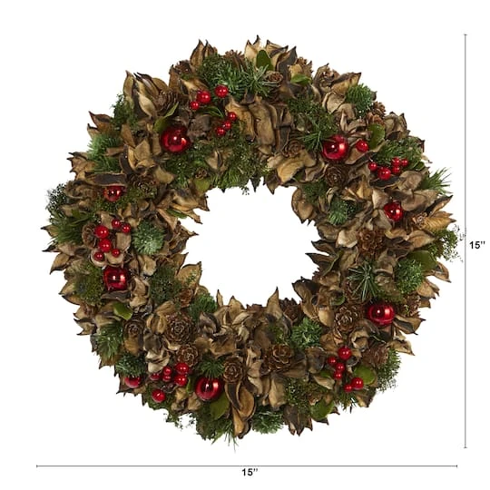 15in. Holiday Wreath With Pine Cones & Ornaments 3 15in. Holiday Wreath With Pine Cones & Ornaments - Image 3