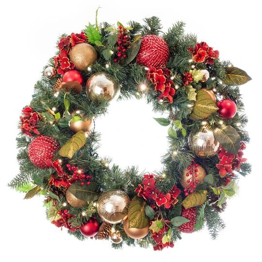 Village Lighting 30" Pre-Lit Scarlet Hydrangea Christmas Wreath, Clear LED Lights 2 Village Lighting 30" Pre-Lit Scarlet Hydrangea Christmas Wreath, Clear LED Lights - Image 2