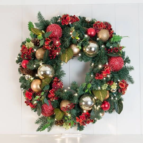 Village Lighting 30" Pre-Lit Scarlet Hydrangea Christmas Wreath, Clear LED Lights 3 Village Lighting 30" Pre-Lit Scarlet Hydrangea Christmas Wreath, Clear LED Lights - Image 3