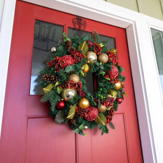 Village Lighting 30" Pre-Lit Scarlet Hydrangea Christmas Wreath, Clear LED Lights 6 Village Lighting 30" Pre-Lit Scarlet Hydrangea Christmas Wreath, Clear LED Lights - Image 6