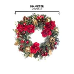 Village Lighting 30" Pre-Lit Red Magnolia Christmas Wreath, Clear LED Lights -Michaels Store D403166S 17