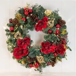 Village Lighting 30" Pre-Lit Red Magnolia Christmas Wreath, Clear LED Lights -Michaels Store D403166S 2