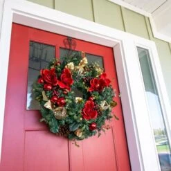 Village Lighting 30" Pre-Lit Red Magnolia Christmas Wreath, Clear LED Lights -Michaels Store D403166S 4