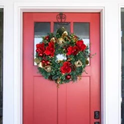 Village Lighting 30" Pre-Lit Red Magnolia Christmas Wreath, Clear LED Lights -Michaels Store D403166S 5
