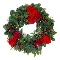 Village Lighting 30" LED Red Peonies & Berry Wreath
