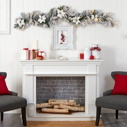 6ft. Pre-Lit LED Flocked Poinsettia & Berry Christmas Garland 7 6ft. Pre-Lit LED Flocked Poinsettia & Berry Christmas Garland - Image 7