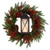 28" Berries & Pine Christmas Wreath With Lantern & Included LED Candle