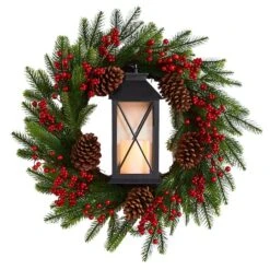 28" Berries & Pine Christmas Wreath With Lantern & Included LED Candle