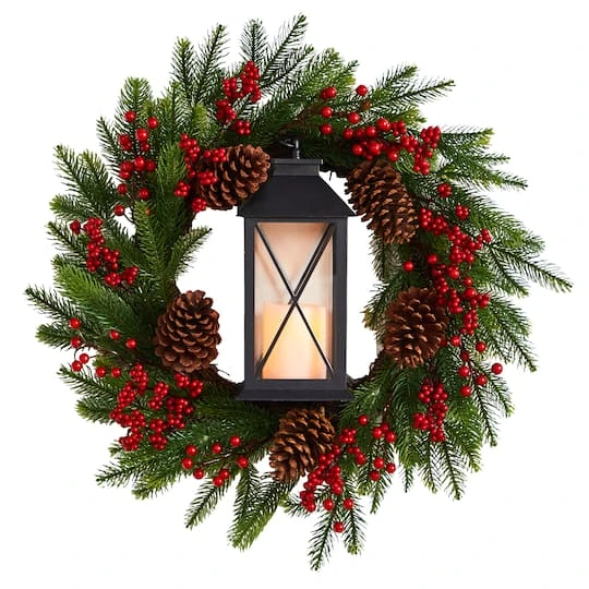 28" Berries & Pine Christmas Wreath With Lantern & Included LED Candle 1 28" Berries & Pine Christmas Wreath With Lantern & Included LED Candle