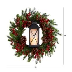 28" Berries & Pine Christmas Wreath With Lantern & Included LED Candle 7 28" Berries & Pine Christmas Wreath With Lantern & Included LED Candle -Michaels Store D478984S 2
