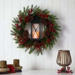 28" Berries & Pine Christmas Wreath With Lantern & Included LED Candle 8 28" Berries & Pine Christmas Wreath With Lantern & Included LED Candle -Michaels Store D478984S 3