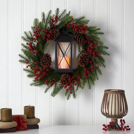 28" Berries & Pine Christmas Wreath With Lantern & Included LED Candle 4 28" Berries & Pine Christmas Wreath With Lantern & Included LED Candle - Image 4