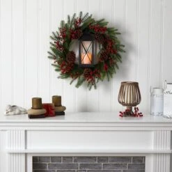 28" Berries & Pine Christmas Wreath With Lantern & Included LED Candle 9 28" Berries & Pine Christmas Wreath With Lantern & Included LED Candle -Michaels Store D478984S 4