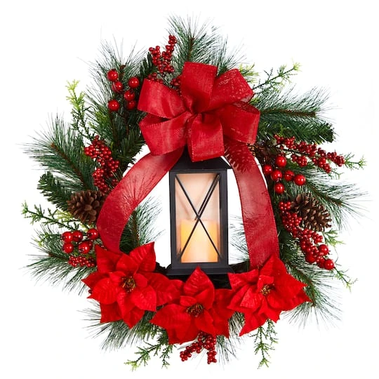 28" Poinsettia & Berry Holiday Lantern Christmas Wreath With LED Candle 2 28" Poinsettia & Berry Holiday Lantern Christmas Wreath With LED Candle - Image 2