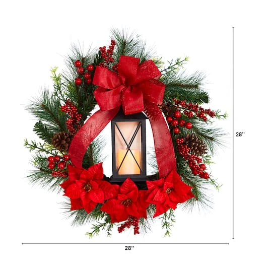 28" Poinsettia & Berry Holiday Lantern Christmas Wreath With LED Candle 3 28" Poinsettia & Berry Holiday Lantern Christmas Wreath With LED Candle - Image 3