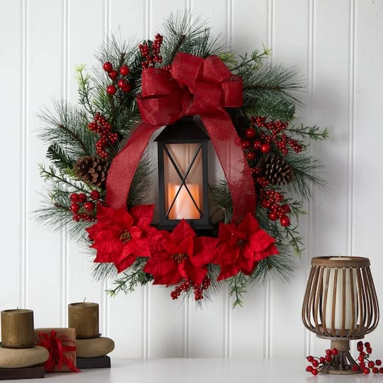 28" Poinsettia & Berry Holiday Lantern Christmas Wreath With LED Candle 4 28" Poinsettia & Berry Holiday Lantern Christmas Wreath With LED Candle - Image 4