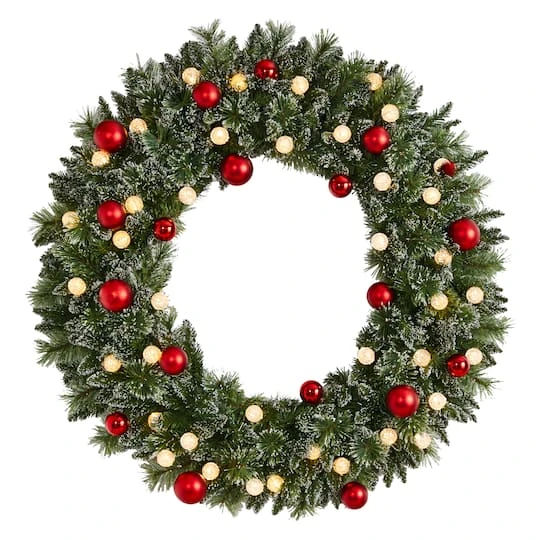 4ft. Oversized Pre-Lit Frosted Holiday Christmas Wreath With Ornaments 1 4ft. Oversized Pre-Lit Frosted Holiday Christmas Wreath With Ornaments