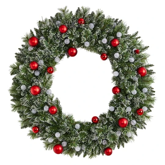 4ft. Oversized Pre-Lit Frosted Holiday Christmas Wreath With Ornaments 4 4ft. Oversized Pre-Lit Frosted Holiday Christmas Wreath With Ornaments - Image 4