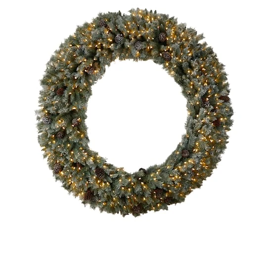 6ft. Clear LED Lights Flocked Christmas Artificial Wreath With Pinecones 2 6ft. Clear LED Lights Flocked Christmas Artificial Wreath With Pinecones - Image 2