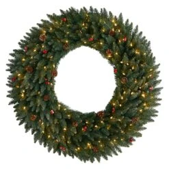 4ft. Clear LED Lights Flocked Artificial Christmas Wreath With Pinecones & Berries