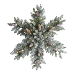 30" Pre-Lit Flocked Snowflake Artificial Dunhill Fir Wreath With Pinecones