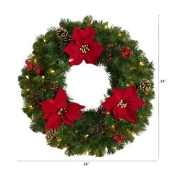 24" White LED Lights Poinsettia, Berry & Pinecone Artificial Wreath -Michaels Store D479004S 2