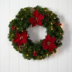 24" White LED Lights Poinsettia, Berry & Pinecone Artificial Wreath -Michaels Store D479004S 4