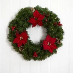 24" White LED Lights Poinsettia, Berry & Pinecone Artificial Wreath -Michaels Store D479004S 5