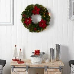 24" White LED Lights Poinsettia, Berry & Pinecone Artificial Wreath -Michaels Store D479004S 6