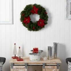 24" White LED Lights Poinsettia, Berry & Pinecone Artificial Wreath -Michaels Store D479004S 7