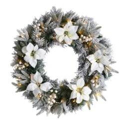 24" White LED Lights Flocked Poinsettia & Pine Artificial Christmas Wreath