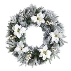 24" White LED Lights Flocked Poinsettia & Pine Artificial Christmas Wreath -Michaels Store D479011S 3