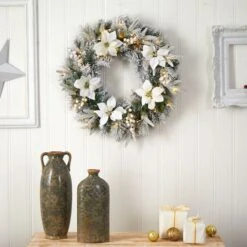 24" White LED Lights Flocked Poinsettia & Pine Artificial Christmas Wreath -Michaels Store D479011S 4